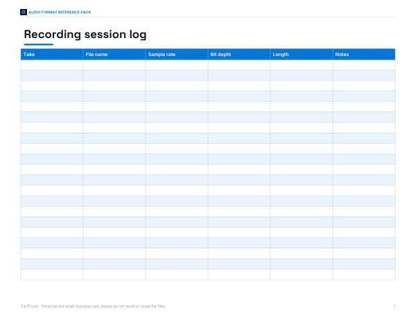 Preview of Printable Recording Session Log